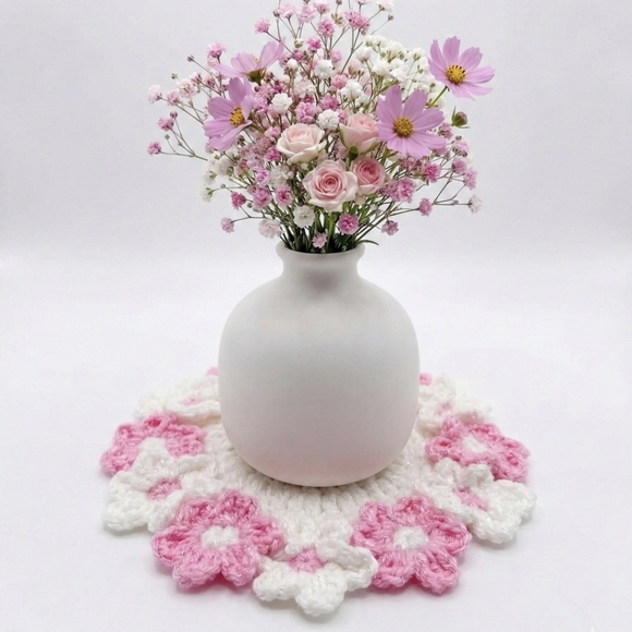 Handmade Pink and White Crochet Coaster - Picture 2 of 3